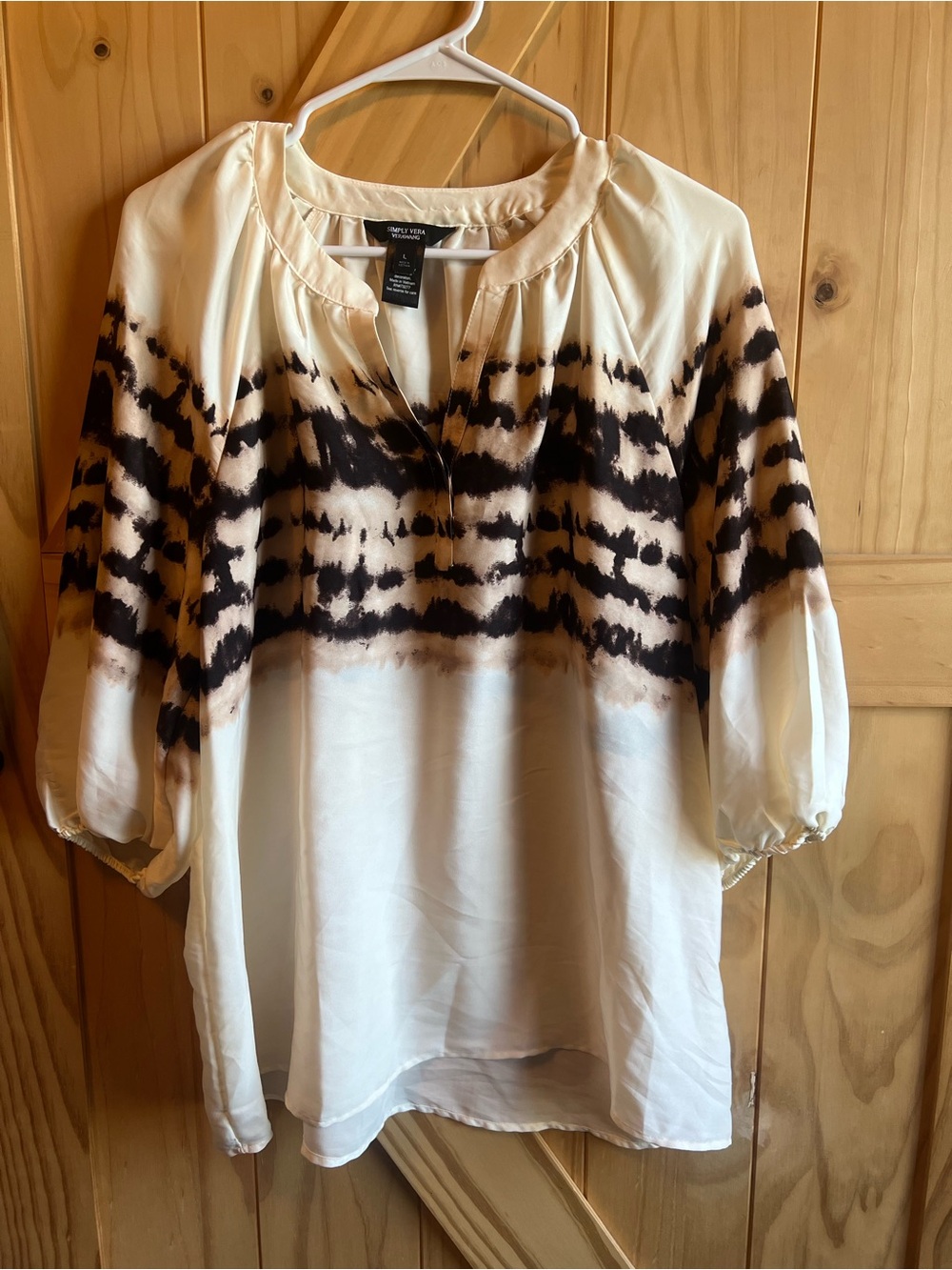 Simply Vera Vera Wang Cream and Brown Tie-Dye Blouse 3/4 Balloon Sleeve Size L